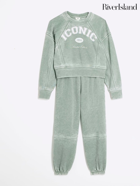 River Island Green Girls Drenched Iconic 100% Cotton Sweatshirt and Joggers Set (AB2575) | €43