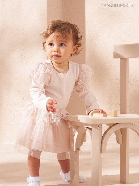 Angel & Rocket Pink Lana Lace Ruffle 100% Cotton Bodysuit and Tutu Dress Set (AB2710) | R$ 295 - R$ 315