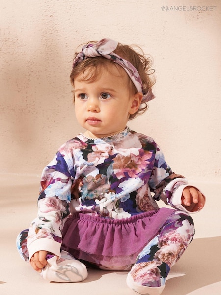 Angel & Rocket Purple Fleur Floral Print Tutu 100% Cotton Babygrow and Headband Set (AB2723) | R$ 235