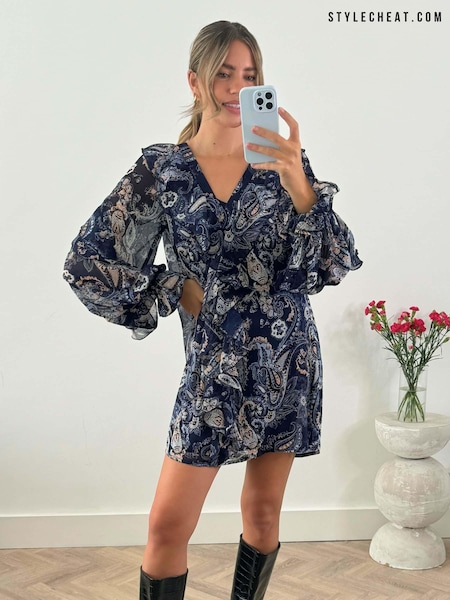 Style Cheat Blue Evita Frill Mini Boho Paisley Print Shift Dress (AB2953) | €41