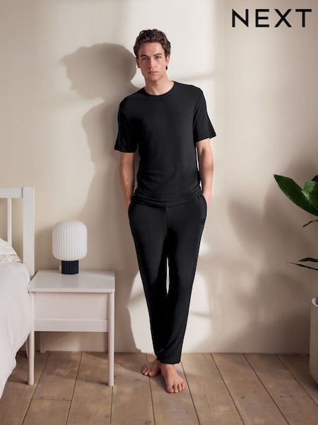 Black Cuffed Textured TENCEL™ Modal Pyjamas Set (AB3394) | €43
