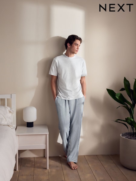 Grey/Navy Blue Jersey Supersoft Stripe Short Sleeve Pyjamas Set (AB3417) | €41