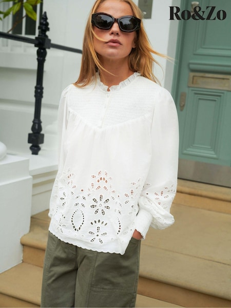 Ro&Zo White Cut-Out Broderie 100% Cotton Blouse (AB3441) | €50