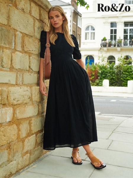 Ro&Zo Black Ro&Zo 100% Cotton Puff Sleeve Midi Black Dress (AB3443) | €63