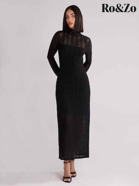 Ro&Zo Black Lace High Neck Midi Dress (AB3446) | €185
