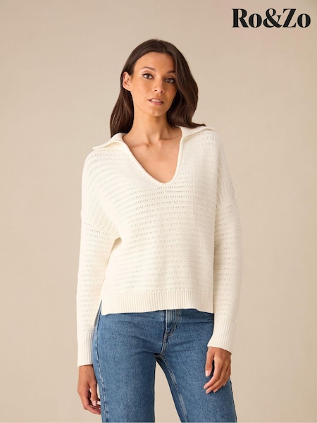 Ro&Zo Cream Knitted Collared V-Neck 100% Cotton Jumper (AB3449) | €56