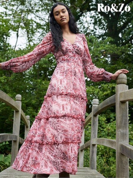 Ro&Zo Pink Snake Print Frill Detail Maxi Dress (AB3453) | €129
