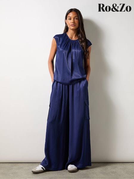 Ro&Zo Blue Satin Gathered Front Top (AB3457) | 204 QAR