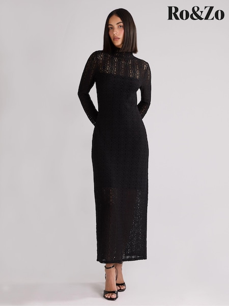 Ro&Zo Black Petite Lace High Neck Midi Dress (AB3458) | €99