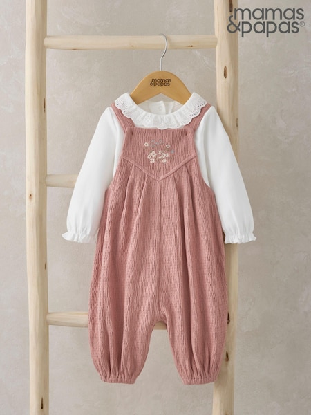Mamas & Papas Pink 100% Cotton Crinkle Dungaree And Bodysuit Set (AB3488) | ‏161‏₪
