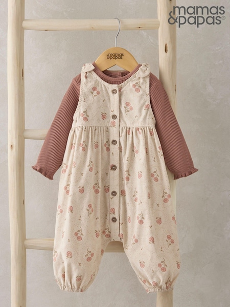 Mamas & Papas Pink Floral Corduroy Dungarees And Bodysuit Set (AB3497) | €26