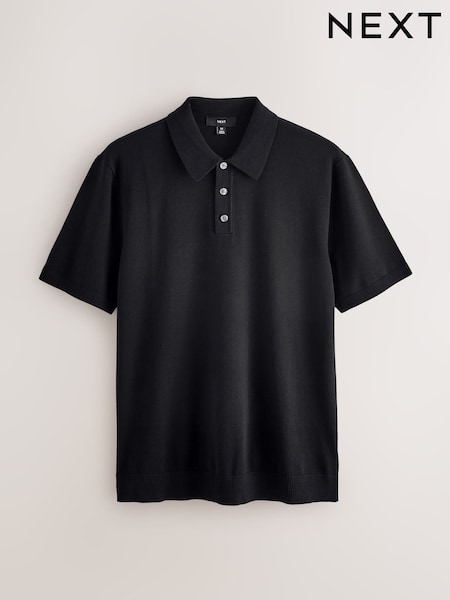 Black Regular Fit Cotton Rich Short Sleeve Knit Polo Shirt (AB3615) | 119 QAR