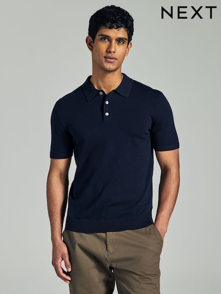 Navy Blue Regular Fit Cotton Rich Short Sleeve Knit Polo Shirt (AB3616) | €27
