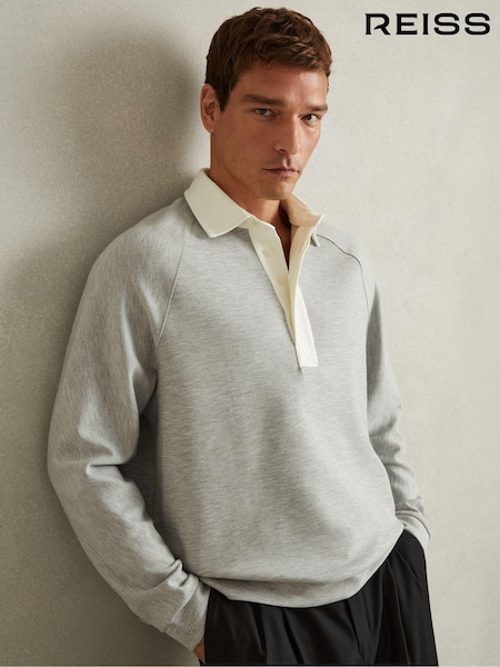 Reiss Grey Melange Thurloe Concealed Placket Jersey Rugby Shirt (AB3823) | €142