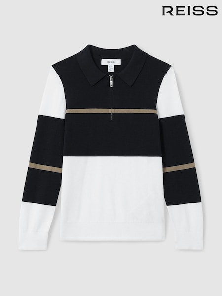 Reiss Navy/White/Camel Tokyo 13-14 yrs Colour-Block Half-Zip Polo Shirt (AB3827) | €65