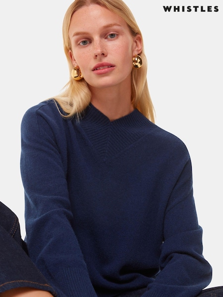 Whistles Blue Cashmere V-Neck Knit Jumper (AB3862) | €253