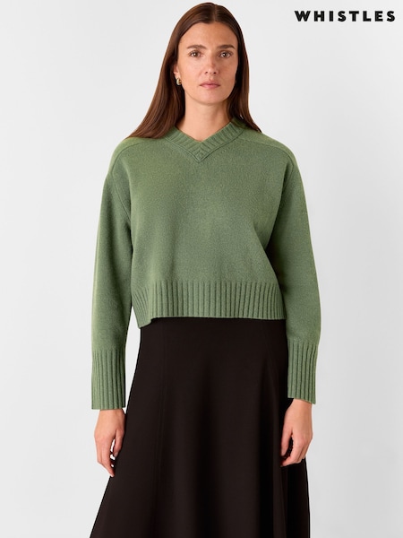 Whistles Green Wool V-Neck Knitted Jumper (AB3875) | 886 LEI