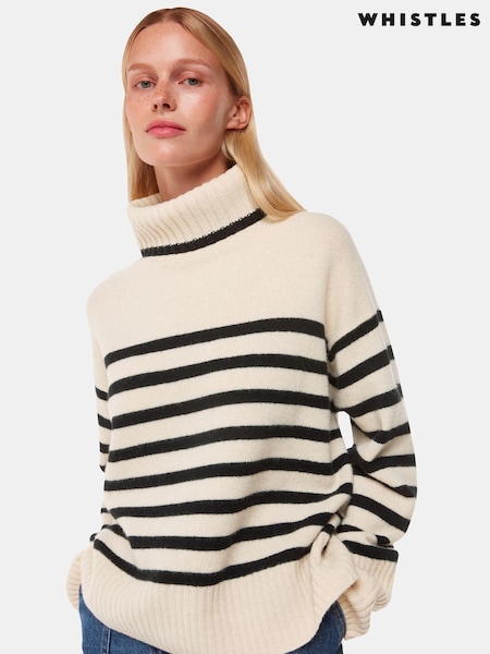 Whistles Stripe Wool Roll Neck White Jumper (AB3883) | €152