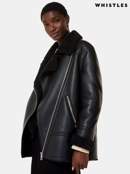 Whistles Faux Fur Aviator Black Coat (AB3963) | 1,631 LEI