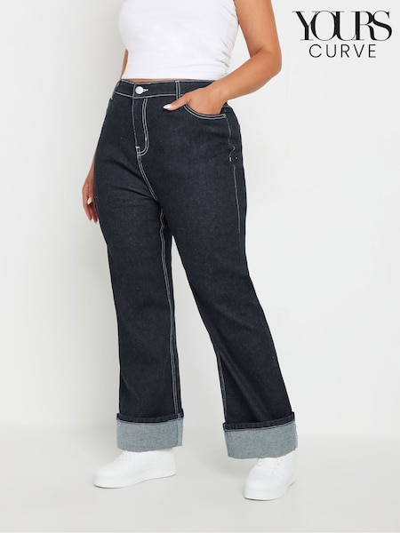 Yours Curve Blue Fold Over Hem Wide Leg Jeans (AB4006) | $58