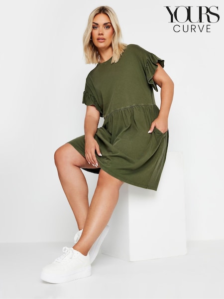 Yours Curve Green Frill Acid Wash 100% Cotton Dress (AB4012) | $51