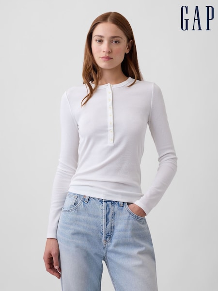 Weiß - Gap Ribbed Henley Long Sleeve T-shirt