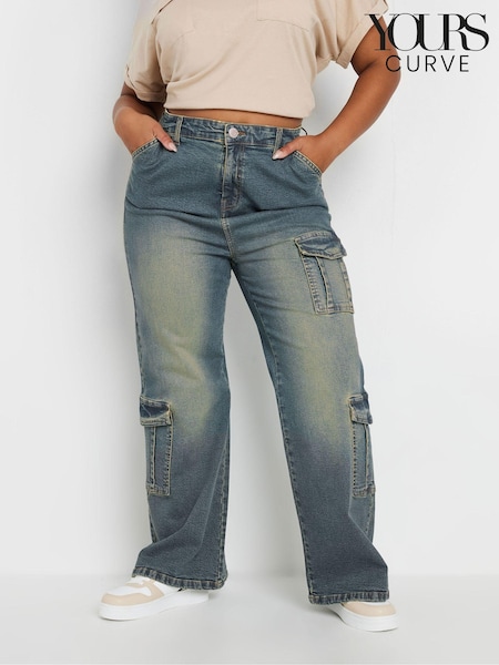 Yours Curve Blue Sandblasted Triple Cargo Wide Leg Jeans (AB4085) | €47