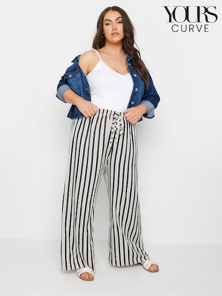 Yours Curve White Linen Look Stripe Wide Leg Trousers (AB4087) | kr414