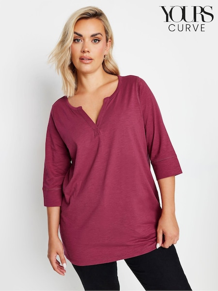 Yours Curve Red 100% Cotton Notch Neck 3/4 Sleeve T-Shirt (AB4092) | 109 QAR