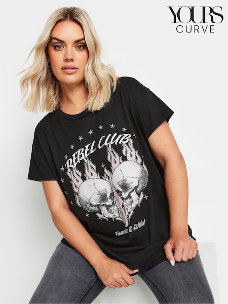 Yours Curve Black Rebel Club Placement Print T-Shirt (AB4101) | €24