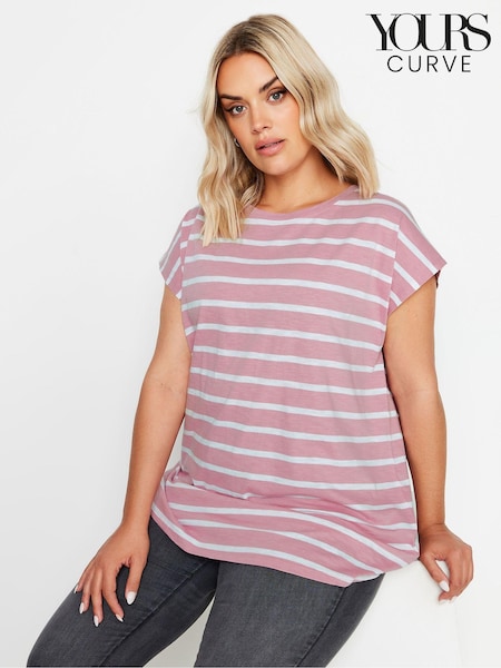 Yours Curve Pink Grown On Stripe 100% Cotton T-Shirt (AB4103) | €24