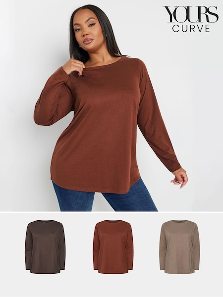 Yours Curve Brown Core Basic Long Sleeve T-Shirts 3 Pack (AB4109) | 163 QAR