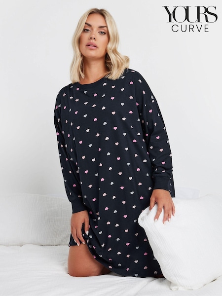 Yours Curve Blue Multicolour Hearts Long Sleeve 100% Cotton Nightdress (AB4111) | R$ 195
