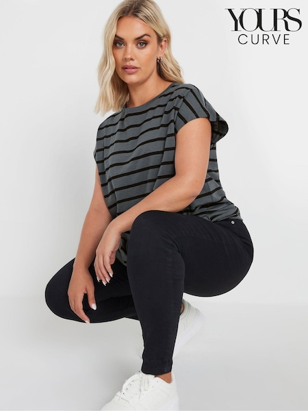 Yours Curve Grey Grown On Stripe 100% Cotton T-Shirt (AB4119) | €25