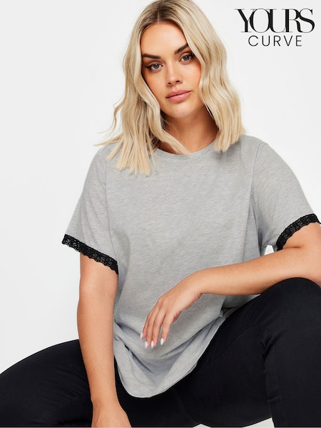 Yours Curve Grey Lace Trim 100% Cotton T-Shirt (AB4125) | €27