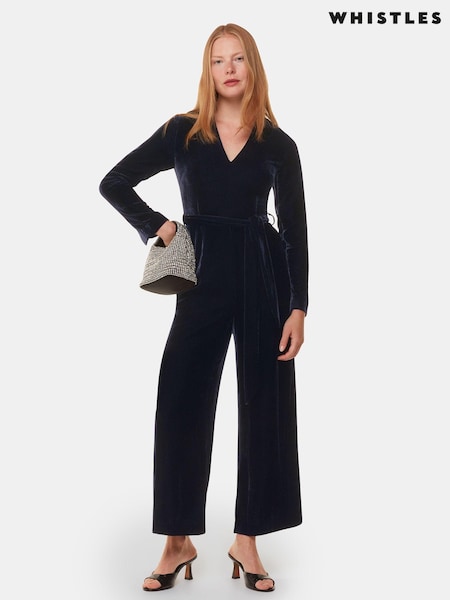 Whistles Blue Elora Velvet Jumpsuit (AB4193) | 443 QAR