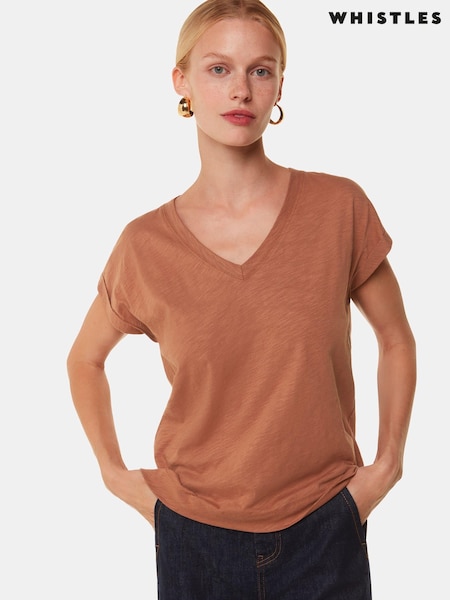 Whistles Willa V-Neck Cap Sleeve Brown T-Shirt (AB4209) | 173 QAR