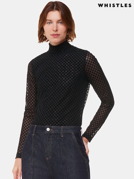 Whistles Black Checked Flocked Mesh Top (AB4215) | 185 QAR