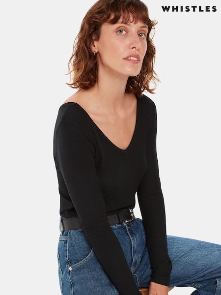Whistles Black Essential Ribbed V-Neck T-Shirt (AB4265) | $103