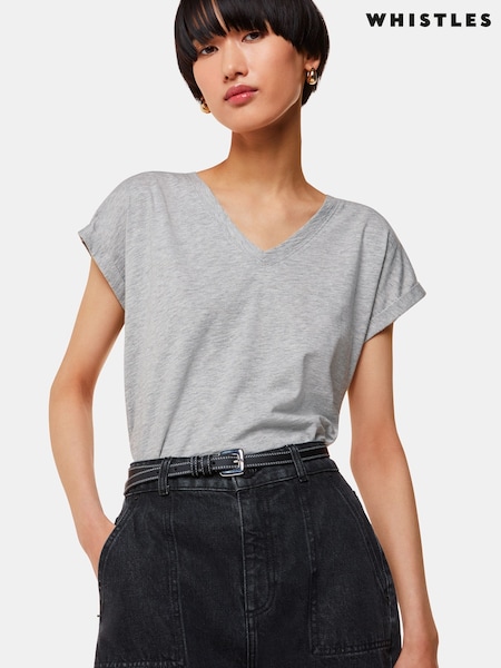 Whistles Grey Willa V-Neck Cap Sleeve T-Shirt (AB4270) | €46