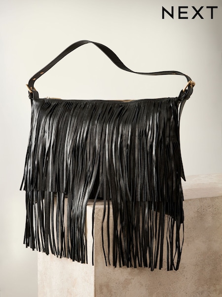 Black Leather Fringe Boho Shoulder Bag (AB4302) | €92