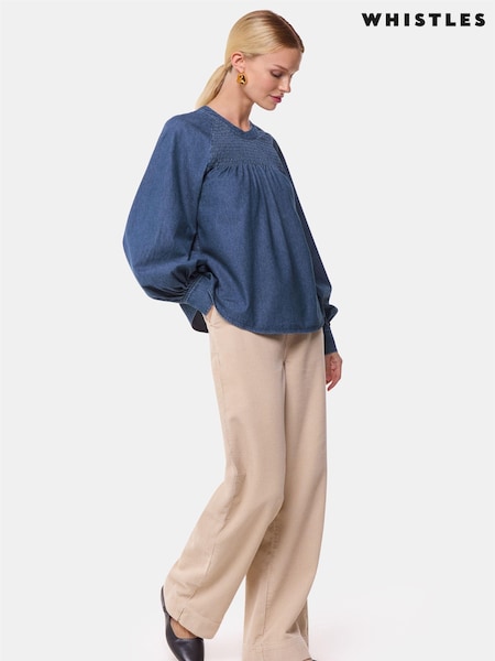 Whistles Blue Smocked Denim 100% Cotton Blouse (AB4365) | €68