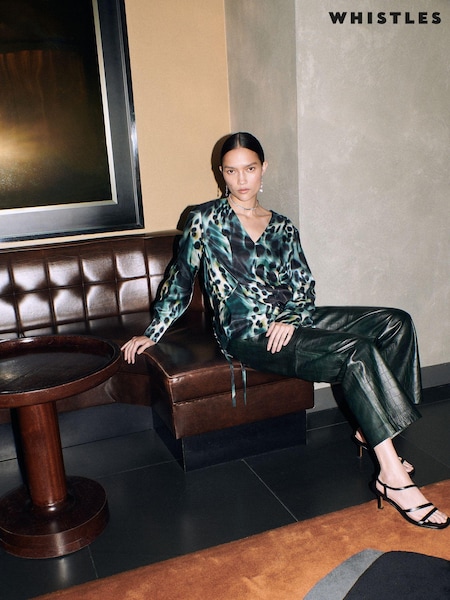 Whistles Green Misty Leopard Print V-Neck Blouse (AB4384) | €65