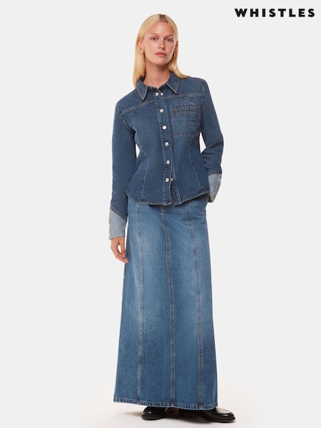 Whistles Blue Patchwork Denim 100% Cotton Midi Skirt (AB4414) | € 77