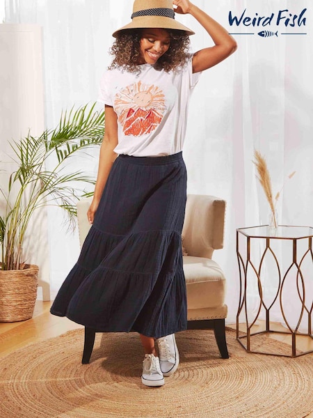 Weird Fish Blue Organic Doublecloth Midi Tiered Skirt (AB4612) | ‏163 د.إ.‏