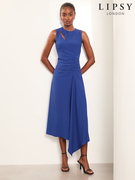 Lipsy Blue Petite Sleeveless Ruched Front Asymmetricalmetrical Midi Dress (AB4631) | € 47
