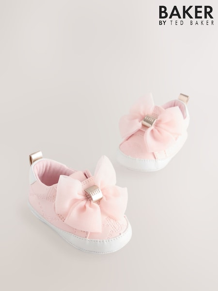 Różowy - Baker By Ted Baker Baby Girls White And Pink Organza Bow Trainer Padders (AB4720) | 125 zł