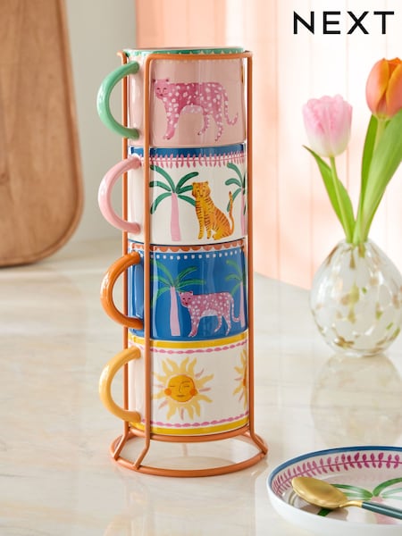 Set of 4 Multi Cassia Tropical Leopard Stacking Mugs (AB4785) | KRW51,200