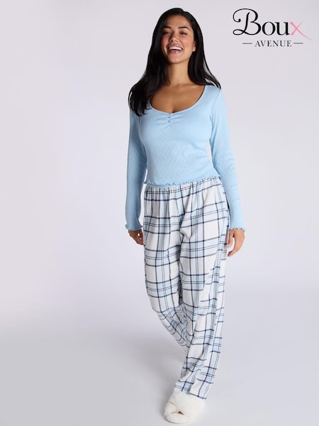 أزرق - Boux Avenue Pointelle Long Sleeve 100% Cotton Top & Woven Joggers Pyjamas Set (AB4908) | ‏131 ر.ق.