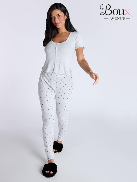 Boux Avenue Grey Pointelle Christmas Holly 100% Cotton T-Shirt and Leggings Pyjamas Set (AB4922) | €24